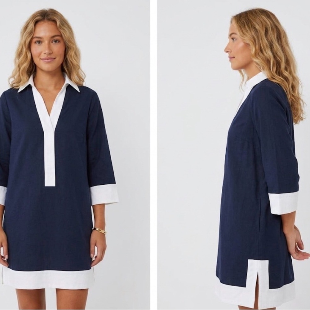 Linen blend Nantucket vibes navy and white dress M